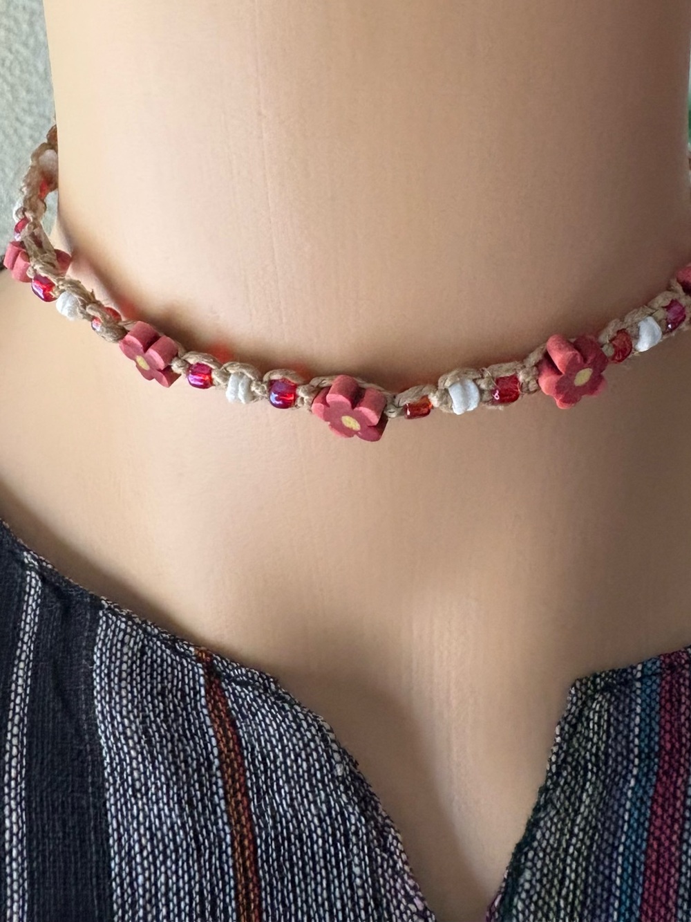Handmade Pink Flower Beaded Choker Necklace. Hemp